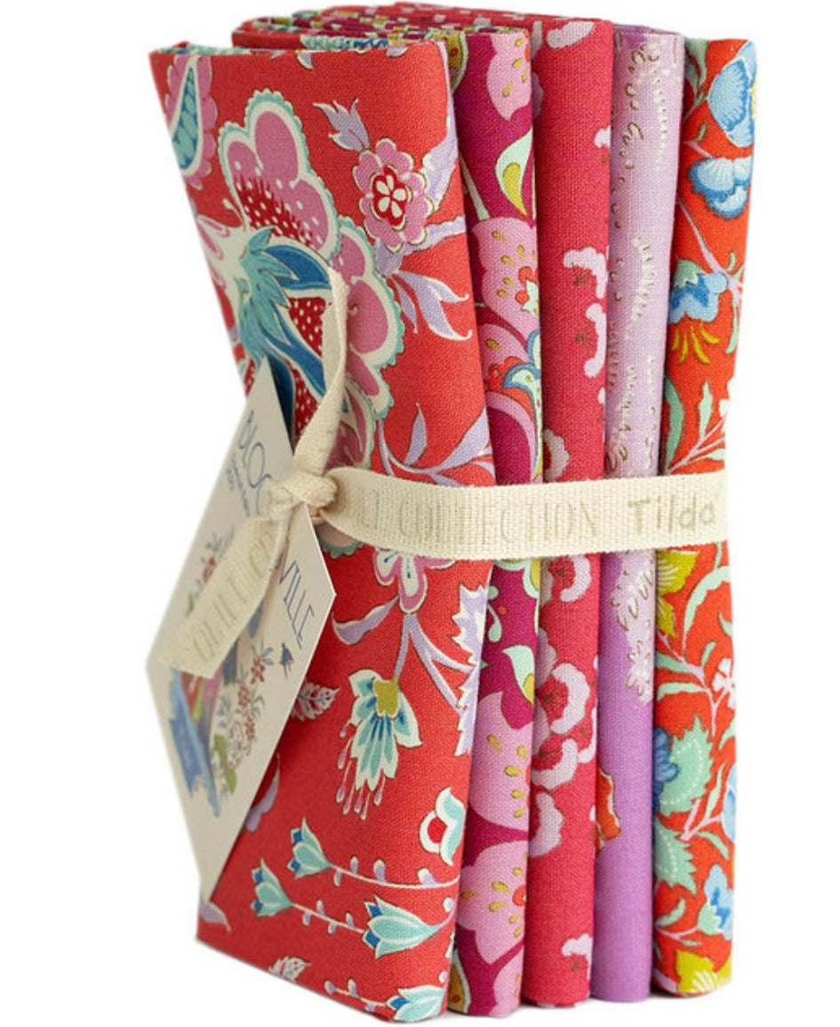 Bloomsville Collection - Tomato and Plum - 5 Fabrics - Tilda Fabrics