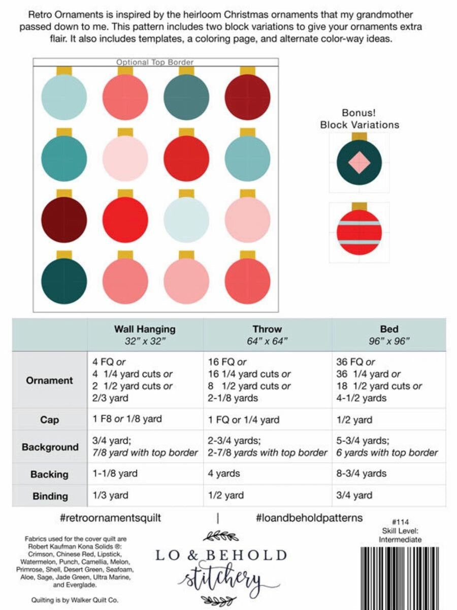 Retro Ornaments Quilt Pattern (paper only) by Lo & Behold Stitchery