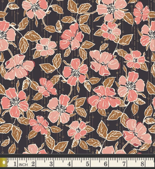 Crafted Blooms Cacao from the Homebody Collection by Maureen Cracknell for Art Gallery Fabrics - 100% Cotton